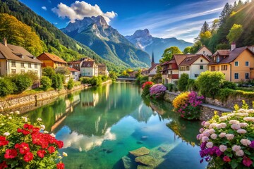 Fototapeta premium Scenic Mountain View Overlooking a Serene Village by the River - Landscape Portrait Photography, Nature Beauty, Tranquil Environment