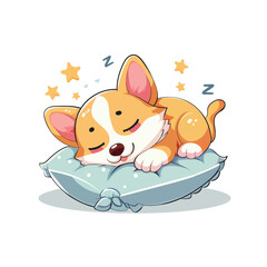 Cute Corgi Dog Mascot Cartoon Sleeping on Pillow – Adorable Animal Illustration