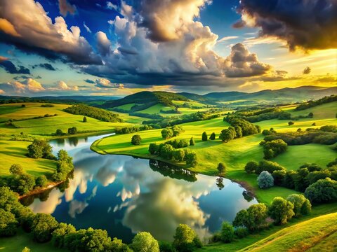 Scenic Panoramic View of a Vibrant Iek Dal Landscape with Lush Green Fields, Serene Water Bodies, and Dramatic Skies for Nature Lovers and Travel Enthusiasts