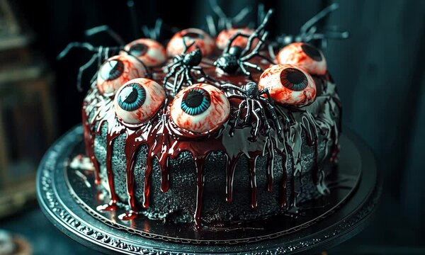 A spooky cake topped with realistic eyeballs and spiders, perfect for Halloween celebrations.