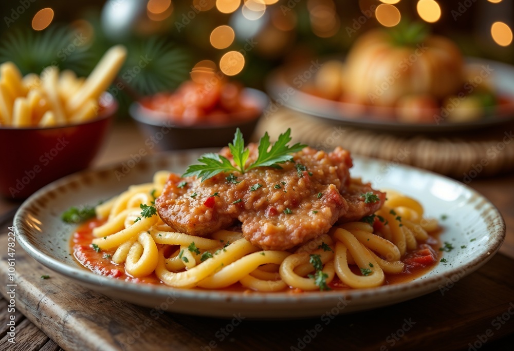 Wall mural delicious homemade food served in rustic dish on wooden table with warm holiday decorations