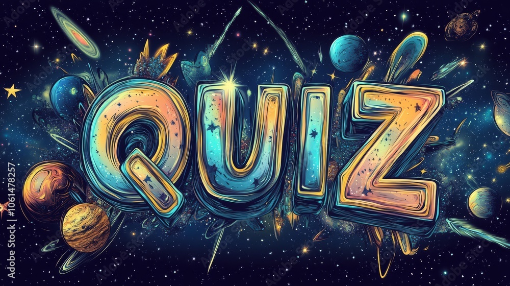 Poster cosmic quiz: a vibrant and playful illustration of the word 