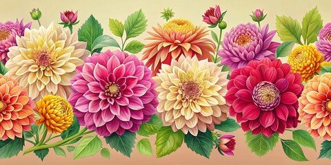 Seamless Dahlia Border for Floral Graphic Design, Elegant Greeting Card Decoration, Vector Illustration, Beautiful Floral Patterns, Generative AI Art, Creative Card Design, Home Decor