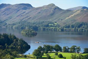 Panorama from Caastlewood viewpoint over Derwentwater near Keswick in the Lake District