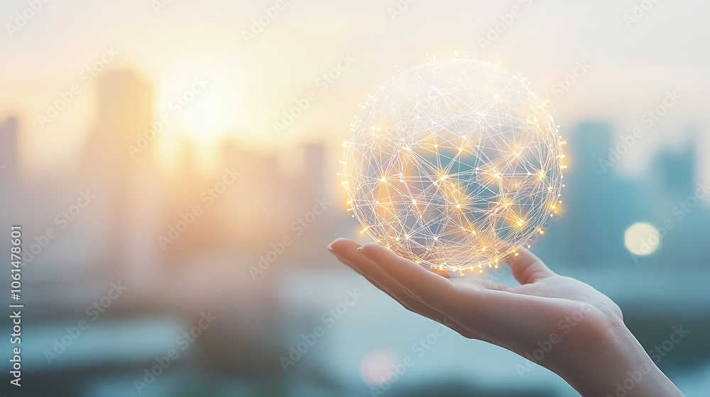 Poster a hand holding a digital, glowing sphere with a network connection and data transfer concept on a bl