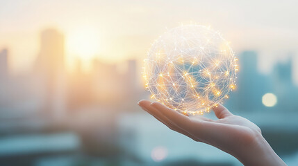 A hand holding a digital, glowing sphere with a network connection and data transfer concept on a blurred office background