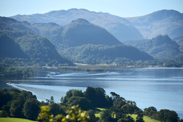 Panorama from Caastlewood viewpoint over Derwentwater near Keswick in the Lake District