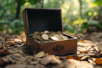 Treasure chest overflowing with gold coins discovered in a lush forest surrounded by autumn leaves in the morning light