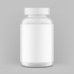 Clear eye-catching pill bottle with label mockup for supplements, vitamins, treats. Vector illustration isolated on grey background. Mockup is ideal for health projects. EPS10.
