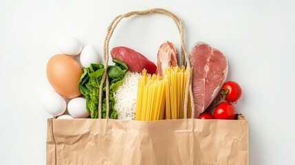 Top view of a shopping bag filled with fresh healthy foods including vegetables, fish, meat, eggs, pasta, and rice on white background, perfect for health and nutrition concept, space for text.