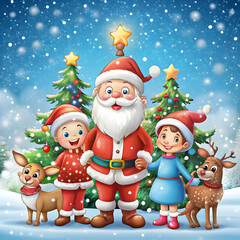Santa Claus with friends on snowy blue background