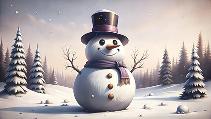 Fototapeta premium Cheerful snowman with top hat in a snowy field, snow-covered trees and bushes, bright winter backdrop