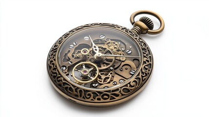 A beautifully crafted antique pocket watch showcases its intricate mechanical parts. The mesmerizing gears and wheels are visible through the glass, reflecting a rich history of craftsmanship.
