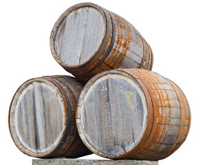 Old wooden barrels on a white
