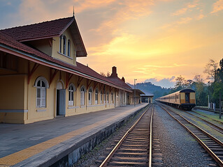 Fototapeta premium vintage railway station at dusk with soft golden light illuminating scene, featuring train on tracks and picturesque sky