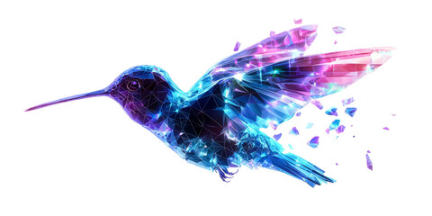 Hummingbird with glowing neon-blue feathers, low poly on a white background.