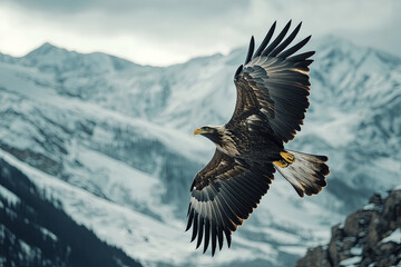 Majestic eagle soaring over snowy mountains, showcasing its powerful wings and sharp gaze. breathtaking display of nature beauty and strength