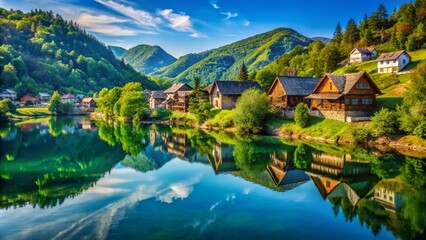 Fototapeta premium Serene Landscape of a Bosnian Village by the River Drina, Capturing Tranquil Waters, Lush Greenery, and Traditional Architecture in a Picturesque Setting