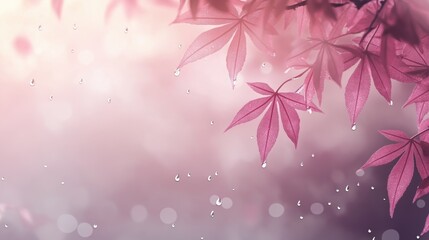 Obraz premium Delicate red leaves drift down against a shimmering backdrop of soft snowflakes, creating a peaceful atmosphere in a serene forest during autumn.