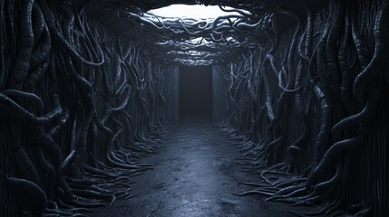 Sinister Biomechanical Hallway of Dread - Ultra-Detailed Horror 3D Render Illustration