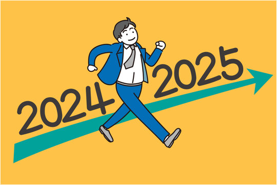 2024年から2025年へビジネスマンが元気よく歩いていくイラスト