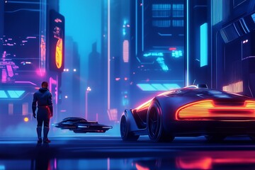 Futuristic cityscape with neon lights and flying hover cars.