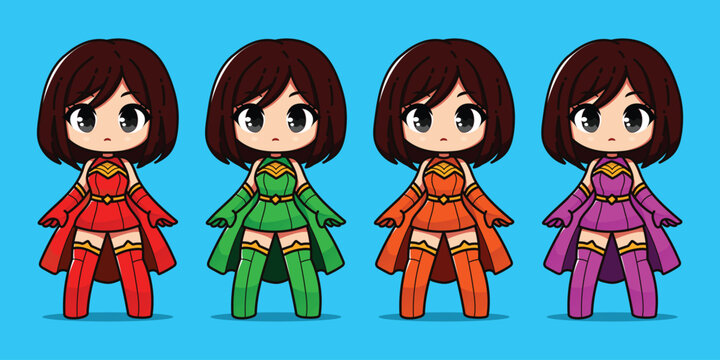 A Cute Super Girl Cartoon Vector Illustration Premium. 4 color option red green orange purple dress