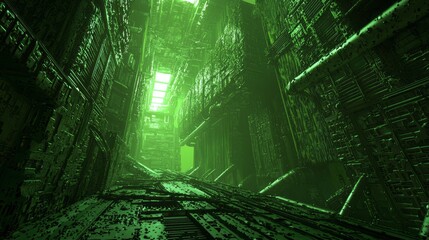 Eerie Biomechanical Alleyway: Surreal 3D Render of Dark Urban Scene with Organic Graffiti Breathing Under Neon Lights. Ultra-Detailed Illustration of Horror Aesthetic.