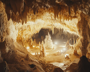 stunning crystal cave featuring intricate formations and illuminated stalagmites, creating magical atmosphere. natural beauty of cave captivates with its unique structures and warm lighting
