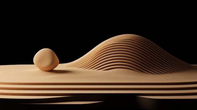 3D rendering of a zen garden with raked sand patterns, representing mindfulness and stress reduction, Zen garden for mindfulness, Tranquil and artistic