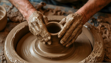 Close up of hands working clay on potter's wheel. Potter shapes the clay product with pottery tools on the potter's wheel, top view, craft factory authentic. 