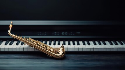 Artistic depiction of a saxophone resting against a piano in a music studio, Saxophone in studio, Professional and creative