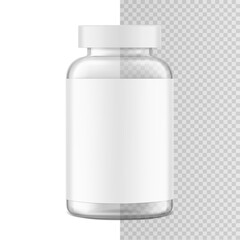 Clear eye-catching pill bottle with label mockup for supplements, vitamins, treats. Vector illustration isolated on white and transparent backgrounds. Mockup is ideal for health projects. EPS10.