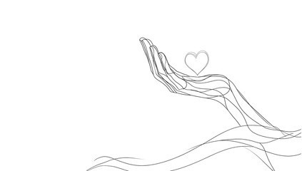 Fototapeta premium Minimalist line drawing of a heart in hand, expressing love, against a clean white background.