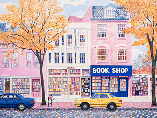 Obraz premium a charming scene of a bookstore on a Europe street corner, with trees in front of it.