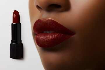 woman applying lipstick , Close-up of a woman’s lips wearing lipstick in a rich red shade, with a lipstick bullet beside, 