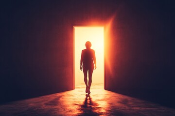 Obraz premium Person silhouetted against bright doorway, concept of new beginn
