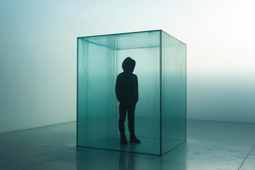 Fototapeta premium Silhouetted person inside blue glass cube in minimalist setting