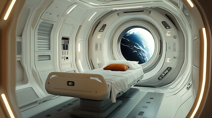 A futuristic space station interior with a hospital, Generative AI