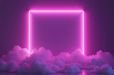 Glowing neon frame on fog and pink light background, abstract background, virtual reality.
