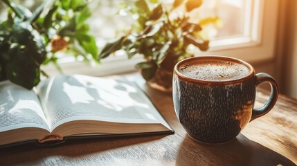 Nestled by the window, a steaming cup of cocoa sits beside an open book, inviting moments of quiet reflection and literary escape on a drizzly afternoon.