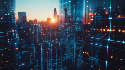 Fototapeta premium Smart digital city with connection cyber security network reciprocity over the cityscape . future smart wireless digital city and social media networking systems that connects people within the city