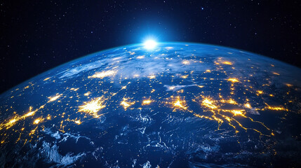 Obraz premium Beautiful blue planet Earth with glowing lights and stars seen from space, wide angle