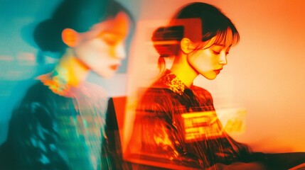 Retro Office Scene with Two People Working at Computers in a Blurred, Reddish-Tinted 1980s Workspace – Classic Tech, Analog Aesthetic, and Digital Nostalgia