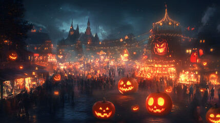 Fototapeta premium A night scene of a pumpkin carving contest.