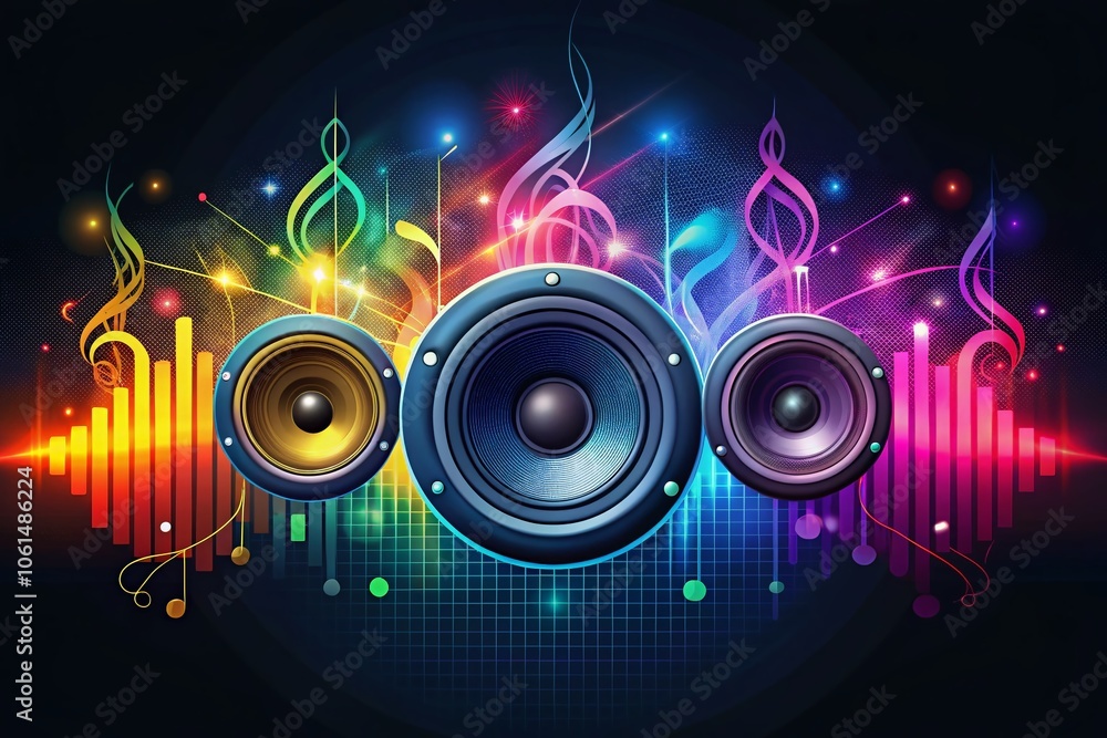 Poster simple speaker flat vector icons set with double exposure effect for audio and sound themes