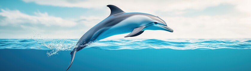 Fototapeta premium A playful dolphin gracefully leaping above the ocean surface, showcasing its agility and beauty in nature.