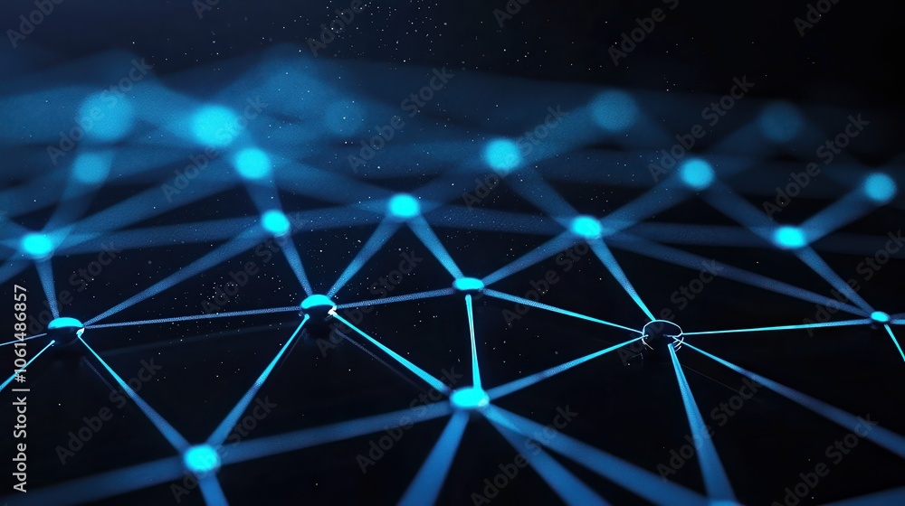 Poster abstract digital network with glowing blue nodes on a dark background, illustrating connectivity and