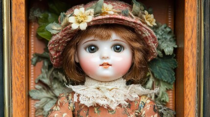 Vintage Porcelain Doll with Floral Accents