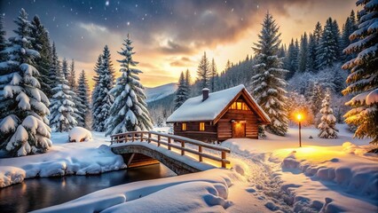 Naklejka premium Snow Covered Bridge Leading to Cozy Cabin in Winter Wonderland - Urban Exploration Photography, Scenic Landscape, Rustic Charm, Nature's Beauty, Winter Adventure, Warm Glow
